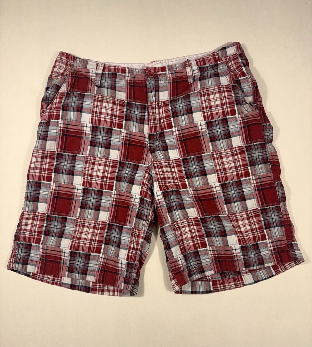 Faded Glory Mens Plaid Patchwork Cotton Shorts Pockets Zip Flat Front Size 36
